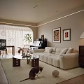 Warm Modern Open Living And Dining Interior With Wooden Bookshelves And Cozy Soft Furnishings