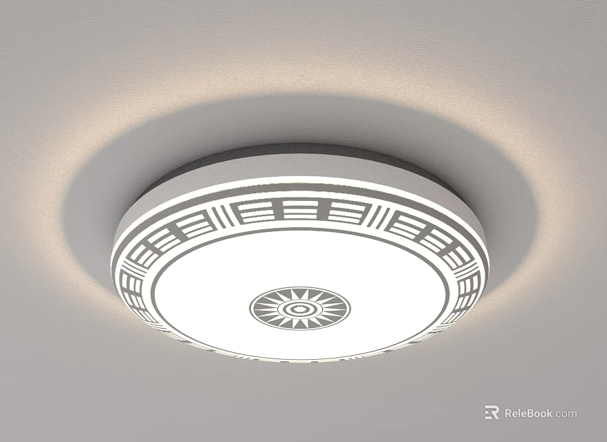 Modern Round White Ceiling Light With Greek Key Pattern And Central Sunburst Design 3d model