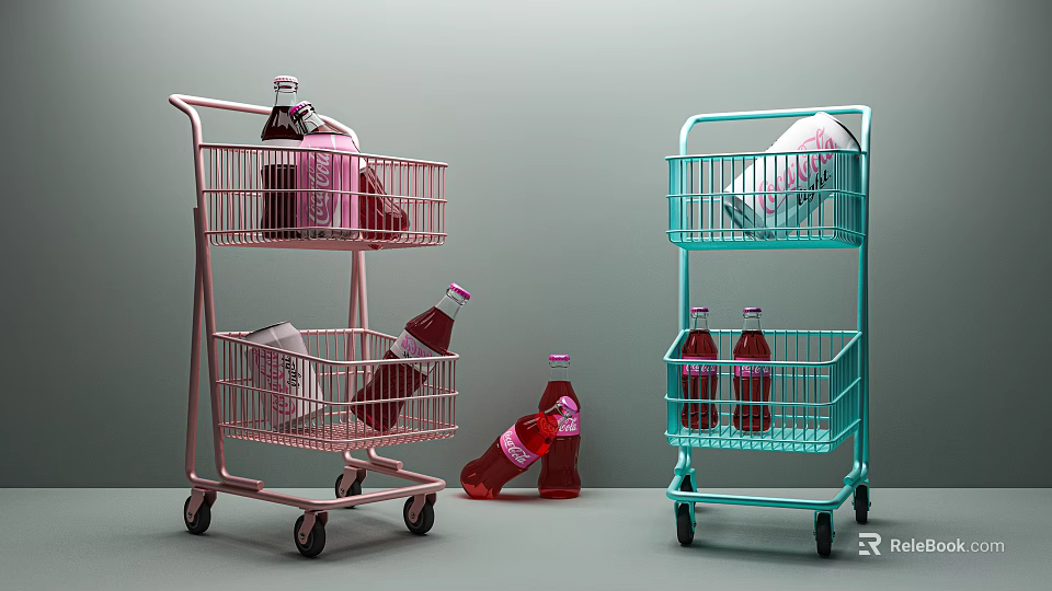 Instagrammable Photo Spot With Pink Blue Shopping Carts And Scattered Drink Bottles 3d model 