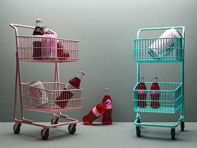 Instagrammable Photo Spot With Pink Blue Shopping Carts And Scattered Drink Bottles 3d model