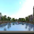 Garden Landscape With Swimming Pool Palm Trees High Rise Buildings And People On Inflatable Rings
