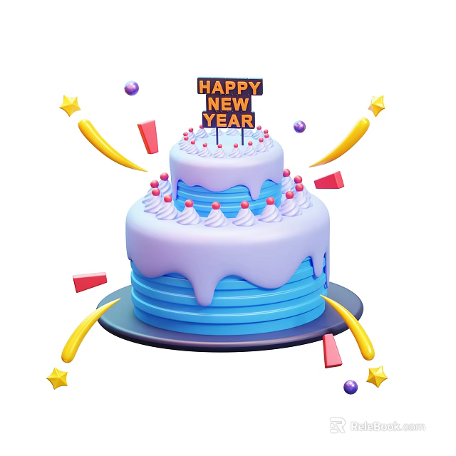 Happy New Year Two Layer Cake With Blue Frosting Purple Drizzle And Colorful Star Decorations 3d model 