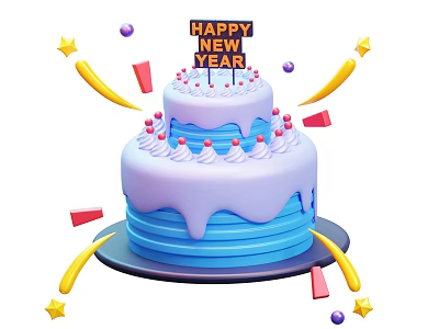 Happy New Year Two Layer Cake With Blue Frosting Purple Drizzle And Colorful Star Decorations 3d model