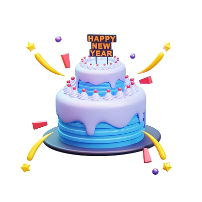 Happy New Year Two Layer Cake With Blue Frosting Purple Drizzle And Colorful Star Decorations 3d model