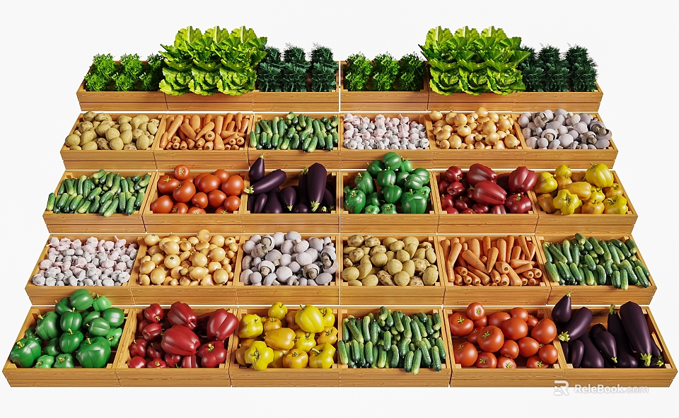 Fresh Assorted Vegetables Displayed in Wooden Crates Neatly Arranged with Vibrant Colors 3d model 