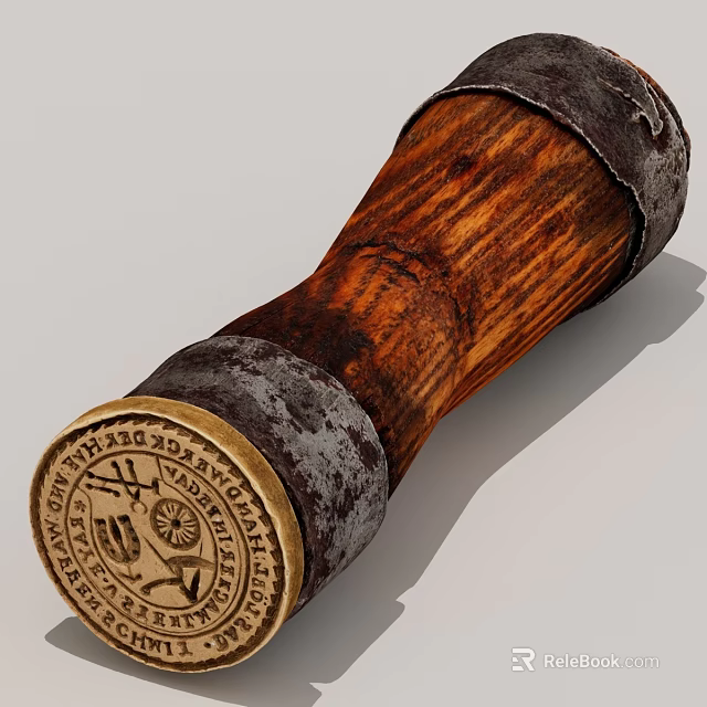 Antique Wooden Cylinder With Metal Bands And Engraved Seal Design 3d model 