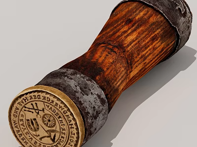 Antique Wooden Cylinder With Metal Bands And Engraved Seal Design 3d model