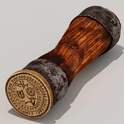 Antique Wooden Cylinder With Metal Bands And Engraved Seal Design 3d model