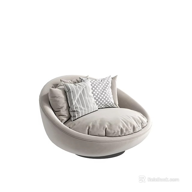 Single Sofa with Round Design Light Colored Soft Fabric and Decorative Striped Dotted Cushions 3d model 