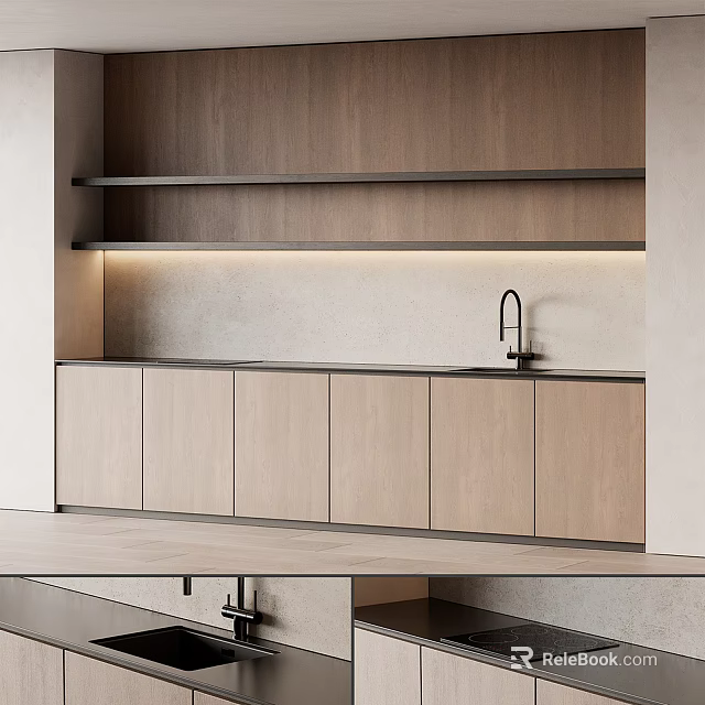 Modern Kitchen Cabinets With Natural Wood Finish And Sleek Countertop Design 3d model 