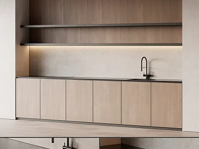 Modern Kitchen Cabinets With Natural Wood Finish And Sleek Countertop Design 3d model