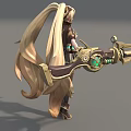 Game Movie Character With Blonde Twin Ponytails Brown White Outfit Short Skirt Mechanical Weapon Accessory