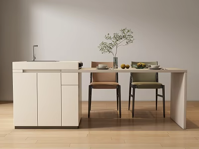 Modern Kitchen Interior With Island Countertop White Cabinetry Dining Chairs And Plant 3d model