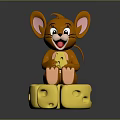 Happy Cartoon Mouse Sitting On Yellow Cheese Block Holding Small Cheese Piece