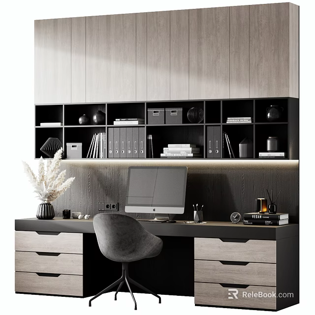 Modern Desk With Open Bookshelf Computer Monitor Gray Chair And Decorations 3d model 