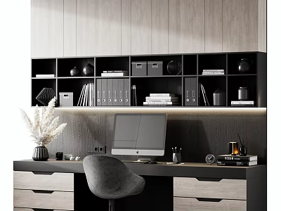 Modern Desk With Open Bookshelf Computer Monitor Gray Chair And Decorations 3d model