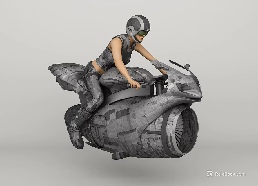 Futuristic Tech Person Riding Hover Bike With Helmet And Goggles 3d model 