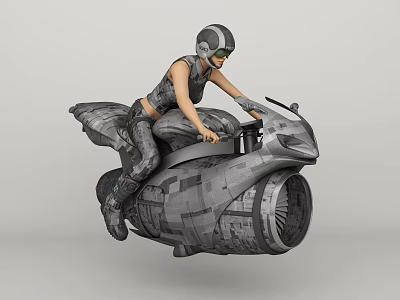 Futuristic Tech Person Riding Hover Bike With Helmet And Goggles 3d model