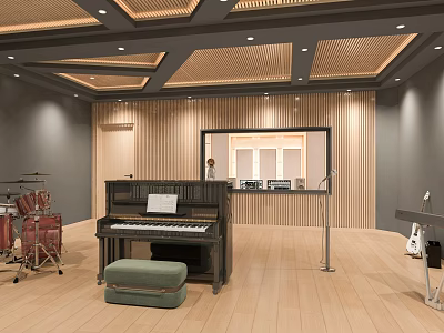 Ballroom Featuring Piano Drum Set Microphone Wooden Walls Ceiling and Wooden Flooring 3d model