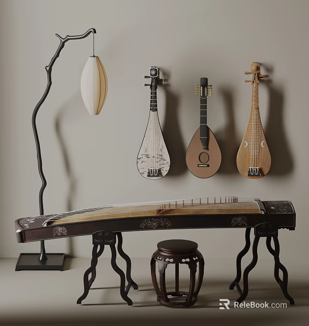 Traditional Musical Instruments Collection Featuring Guzheng Pipa Guitar And Decorative Room Decor 3d model 