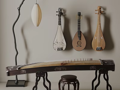 Traditional Musical Instruments Collection Featuring Guzheng Pipa Guitar And Decorative Room Decor 3d model