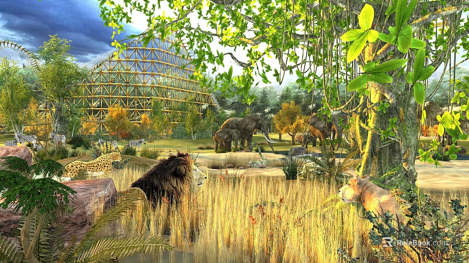 Wildlife Habitat With Lions Elephants Giraffes And Pyramid Structure In Greenery 3d model 