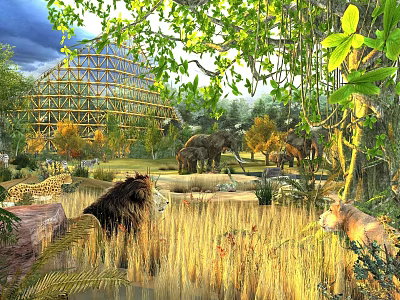 Wildlife Habitat With Lions Elephants Giraffes And Pyramid Structure In Greenery 3d model