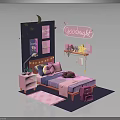 Kids Bedroom Design With Pink Bed Stars Moon Goodnight Neon Lights And Wall Frames