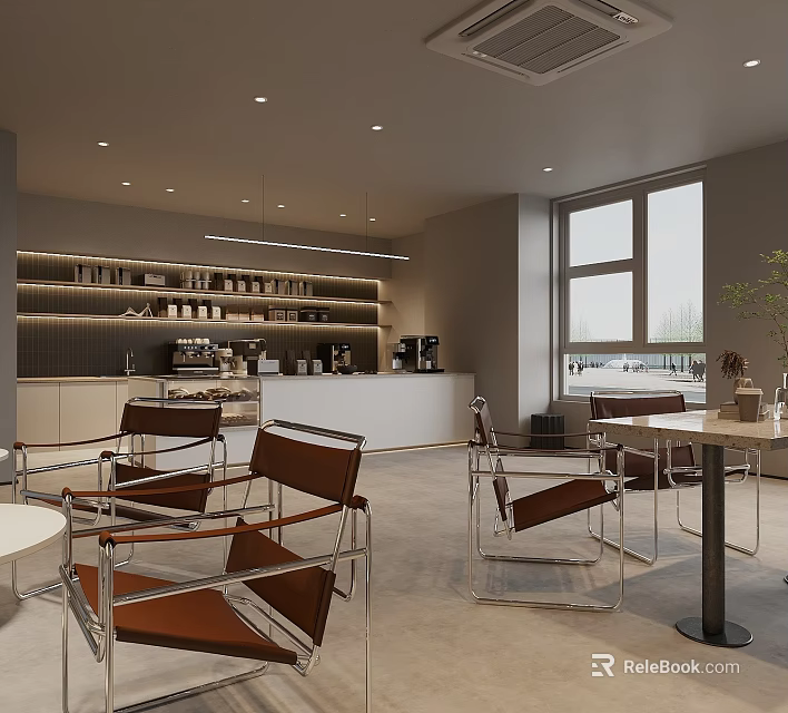 Modern Café Interior With Coffee Machines Brown Chairs Tables And Large Windows For Natural Light 3d model 