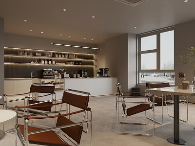 Modern Café Interior With Coffee Machines Brown Chairs Tables And Large Windows For Natural Light 3d model