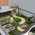Chinese Style Garden View Through Circular Archway With Pavilion Small Bridge And Stone Path