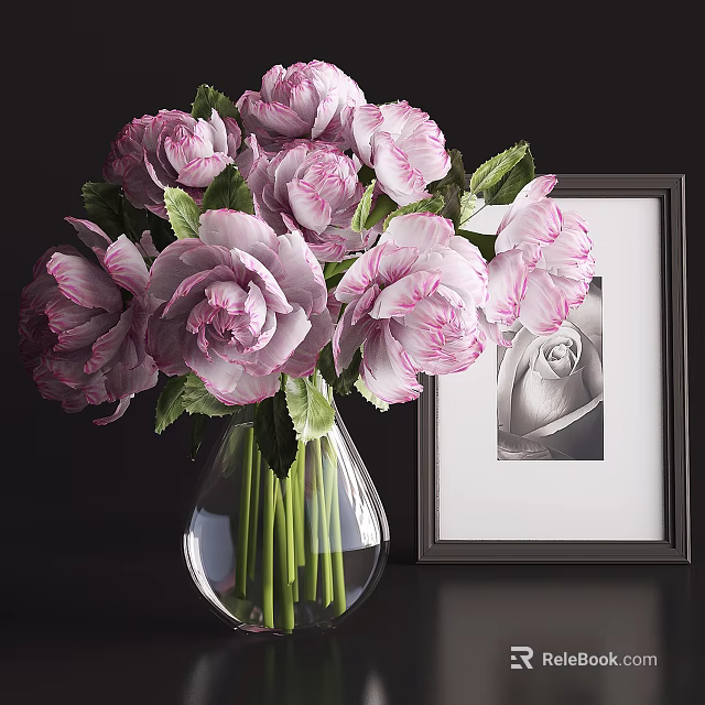 Pink And White Flowers In Transparent Glass Vase With Black Framed Monochrome Rose Painting 3d model 