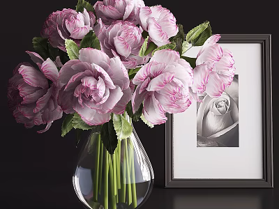 Pink And White Flowers In Transparent Glass Vase With Black Framed Monochrome Rose Painting 3d model