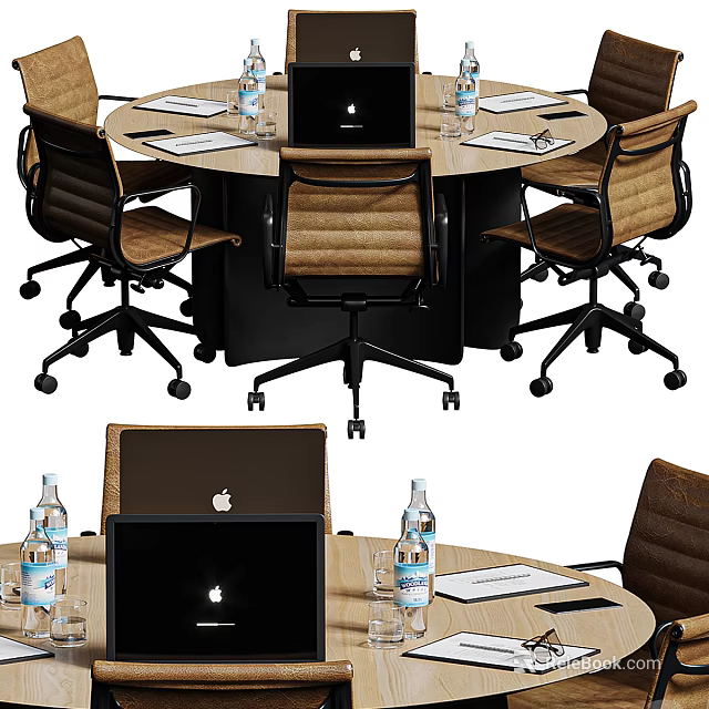 Round Office Desk With Swivel Chairs Laptop Water Bottles And Papers 3d model 