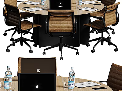 Round Office Desk With Swivel Chairs Laptop Water Bottles And Papers 3d model