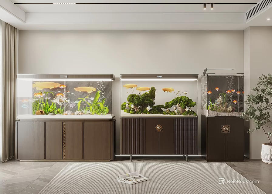 Modern Aquariums With Wooden Cabinets And Colorful Fish In Living Room Interior Design 3d model 