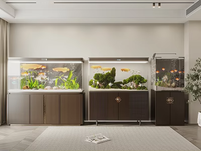 Modern Aquariums With Wooden Cabinets And Colorful Fish In Living Room Interior Design 3d model