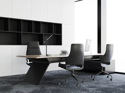 Modern Office Desk with Three Black Chairs Wooden Top Computer Monitor and Black Open Bookshelf 3d model