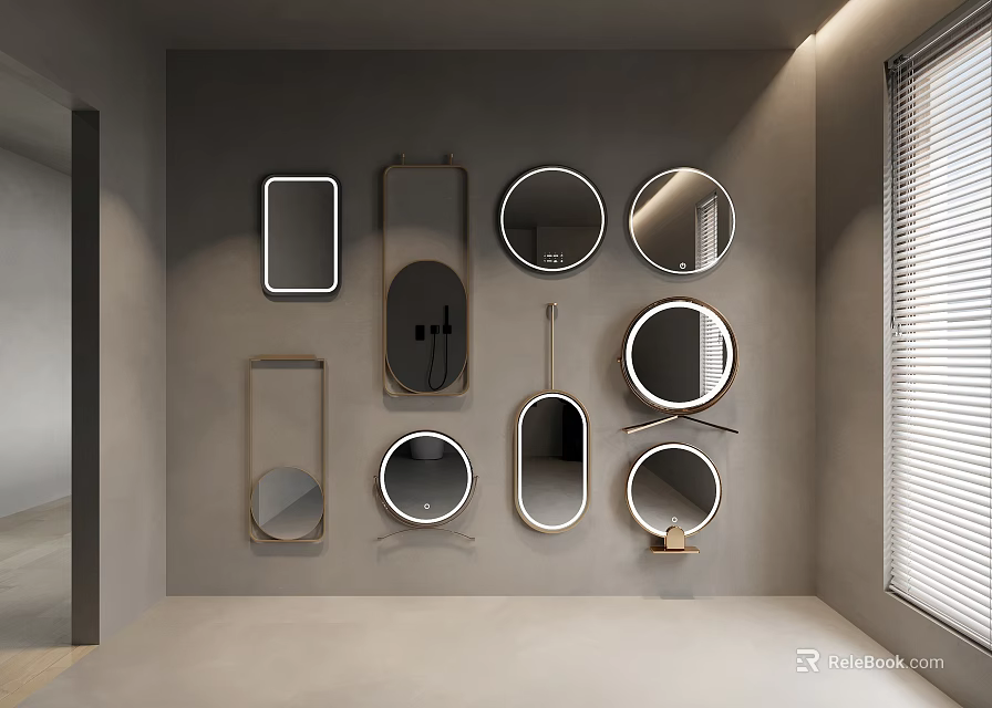 Various Shaped Wall Mirrors With Different Designs Mounted On Gray Minimalist Wall 3d model 