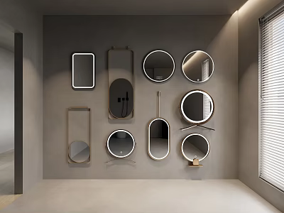 Various Shaped Wall Mirrors With Different Designs Mounted On Gray Minimalist Wall 3d model