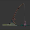Colorful Fishing Rod Setup On Grassy Base With Blue Water Area And Pink Fish