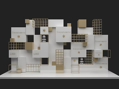 Geometric Display Installation With White Gold Cubes Grid Structures And Logo Elements 3d model