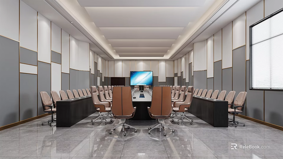 Bright Modern Conference Room Setup With Long Meeting Table Comfortable Chairs And Large Screen 3d model 
