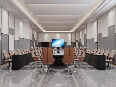 Bright Modern Conference Room Setup With Long Meeting Table Comfortable Chairs And Large Screen 3d model