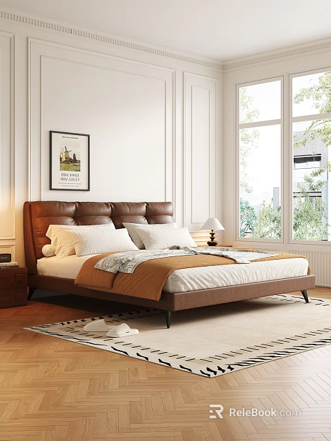 Double bed with brown leather headboard white pillows orange blanket nightstand lamp window green plants outside white walls 3d model 