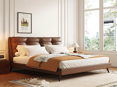 Double bed with brown leather headboard white pillows orange blanket nightstand lamp window green plants outside white walls 3d model