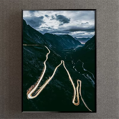 Scenic Mountain Landscape With Winding Roads Light Trails And Dark Cloudy Sky 3d model