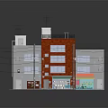 Cartoon Scene of Multi Story Building with Red White Facade Shops Windows and Rooftop Antennas