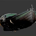 Vintage Wooden Boat With Brown Hull Green Trim And Reflection On Smooth Surface