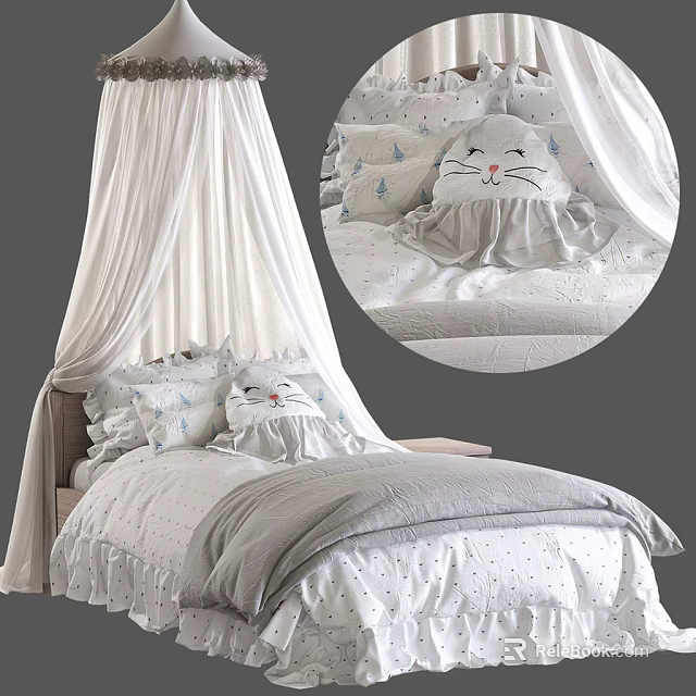 Cute Single Bed With White Curtain Cat Shaped Pillow And Gray Quilt 3d model 